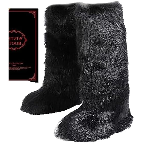 Womens Black Faux Fur Fuzzy Tall Knee High Boho Fall Winter Comfy Cozy Boots 8W - Picture 3 of 5